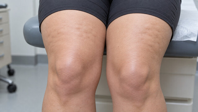Close-up of female legs with cellulite on thighs sitting on an examination table in a medical clinic.