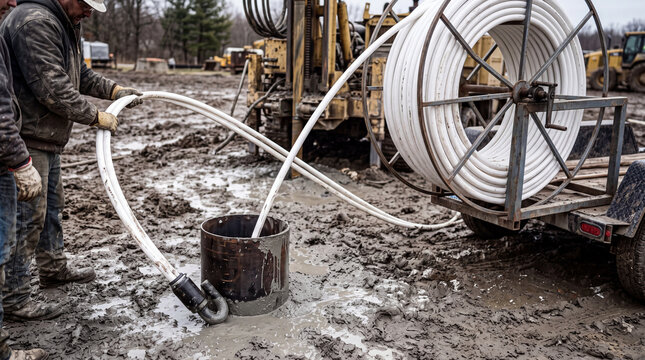 Construction worker feeding white polyethylene pipe into a borehole casing for a geothermal heat pump install on a muddy site.