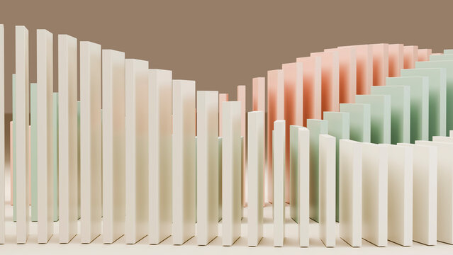 Domino tiles arranged in a sequential falling chain reaction