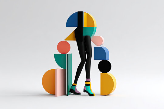 abstract surreal fashion concept, funny contemporary art. Colorful geometric objects and black legs isolated on white background. Modern minimal sculpture 