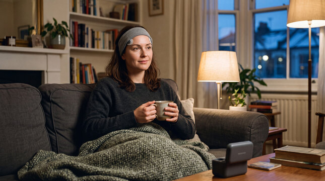 Woman wearing a brain stimulation headband while holding a mug on a sofa in a living room