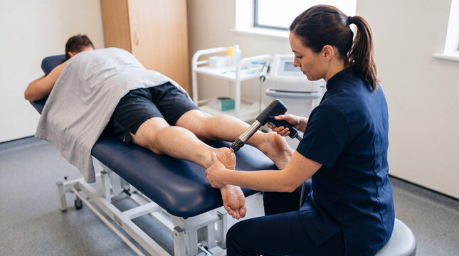 Physiotherapist applying radial shockwave therapy to a patient's heel for plantar fasciitis in a clinic