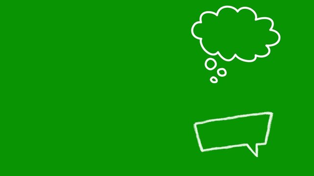 White hand-drawn doodle elements over green screen. This asset showcases two fluffy cloud thought bubbles and two different rectangular speech bubbles for engaging digital video edits now.