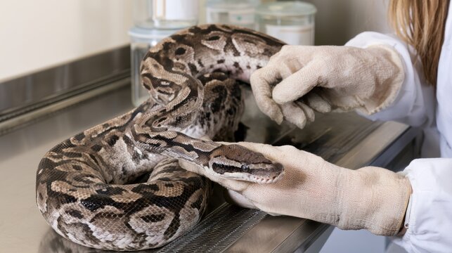 Gloved handler examining snake on veterinary table, reptile care and animal health assessment in clinic setting