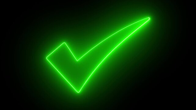 Glowing green neon check mark tick icon drawing animation isolated on black background, approved success symbol motion graphic.