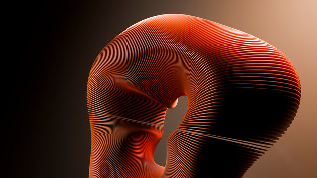 Abstract digital 3d orange sculpture with concentric curved lines