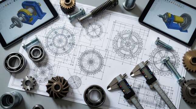 Engineer workspace with technical blueprints, mechanical parts. Metal gears, bolts, ball bearings, digital calipers lie on paper drawings. Two tablets show 3D CAD models of machine components.