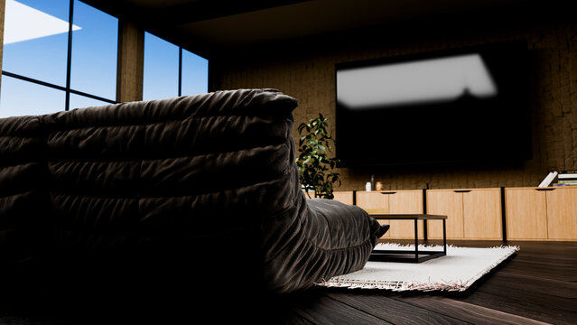 Black couch and flat screen tv in modern living room interior