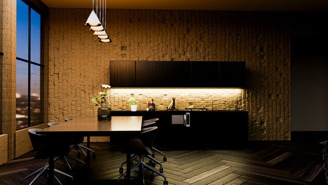 Modern kitchen workspace with wooden table and brick wall interior