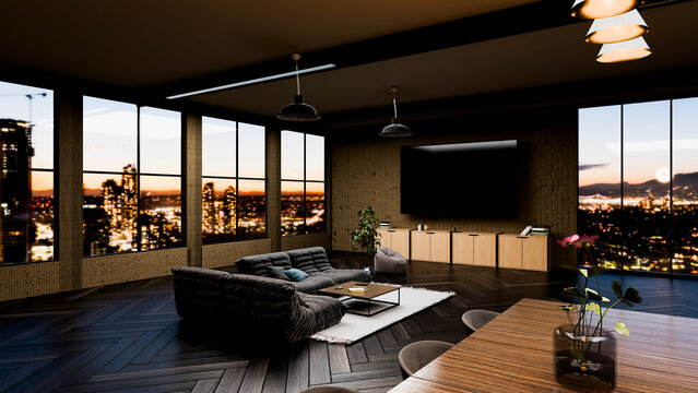 Living room interior with city view at sunset