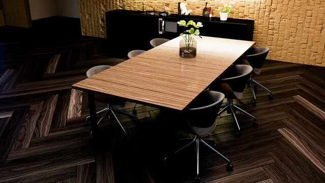 Conference table with office chairs in modern meeting room interior