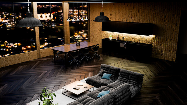 Modern kitchen and dining area with city view at night
