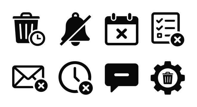 Collection of black flat icons representing notifications alerts applications cancel