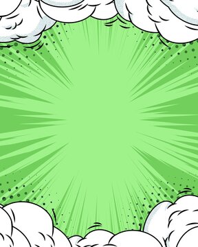 Vibrant green comic-style background with dynamic radial rays, dotted accents, and fluffy white cloud elements framing a central space.