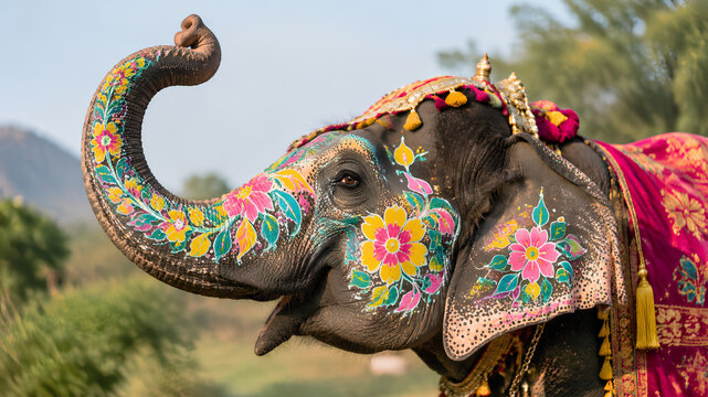 Detailed Close Up Profile of Royal Painted Indian Elephant Decorated with Colorful Floral Patterns and Fabric for Festival Procession
