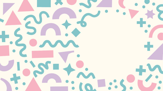 Abstract Memphis style pattern background featuring pastel pink teal and purple geometric shapes including triangles circles and squiggles on a cream surface with central copy space.