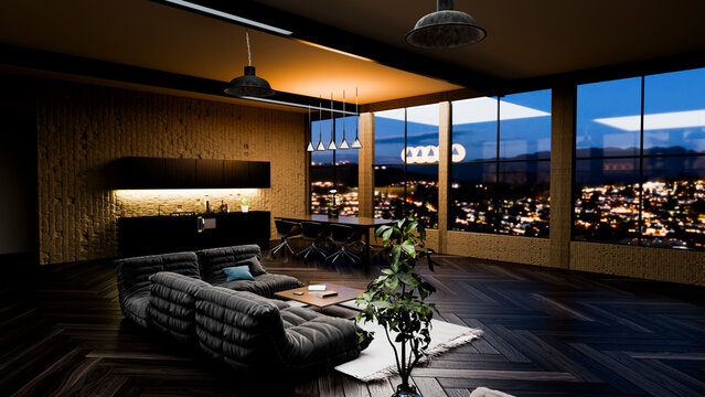 Modern living room with cityscape night view through large windows