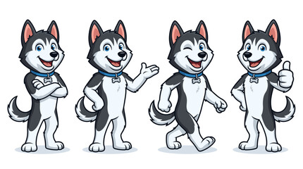 Cartoon husky dog mascot set in four different poses, vector illustration isolated on white background © SIDDHARTHO