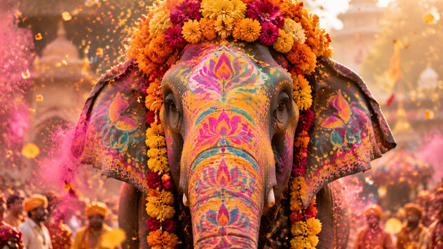 Front Portrait of Ceremonial Decorated Indian Festival Elephant Painted with Colorful Lotus Patterns and Wearing Marigold Garland