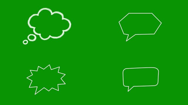 White doodle graphics laid against pure green screen. This pack includes an awesome jagged starburst explosion shape, fluffy cloud thought bubble, and two geometric speech bubbles for you.