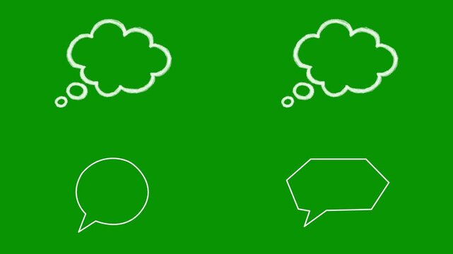 Hand-drawn white doodle animation set on pure green screen, displaying two beautifully drawn fluffy cloud thought bubbles, neat little round shape, and an angular polygonal text box clip.