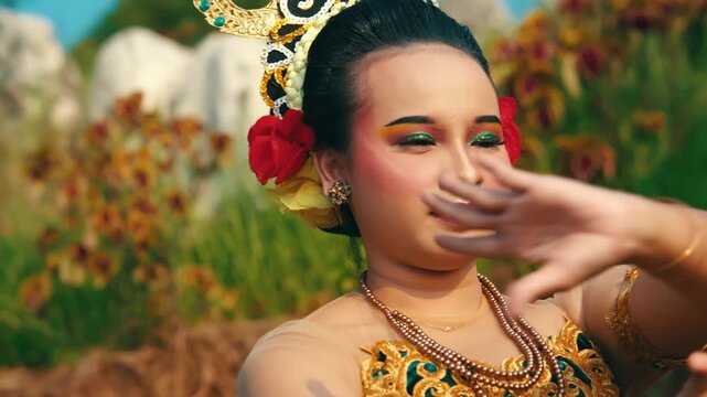 Detailed shot of a dancer's hands moving fluidly in front of her face, showcasing the elegance and control required in traditional Javanese dance.