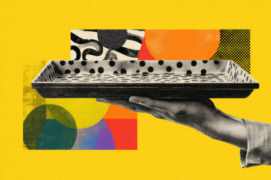 Hand with tray on yellow background. Art collage digital pop modern art.