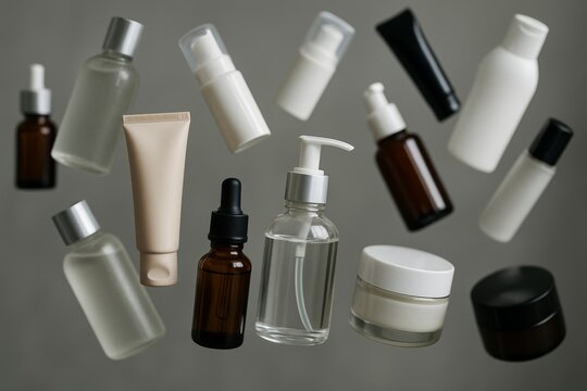 Various cosmetic and skincare bottles floating mid-air. Includes glass and plastic containers in different shapes and sizes, showcasing a modern aesthetic