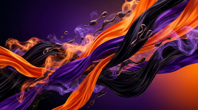 Abstract Halloween background with flowing orange, purple, and black silk fabric waves, fire, smoke, and liquid drops