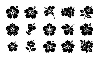 Hibiscus flower silhouettes set with single blooms and clusters for tropical design © MdAkbar
