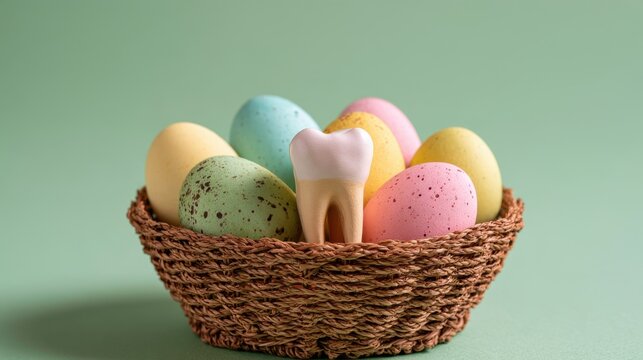 Colorful pastel eggs in a woven basket with a large tooth model in the center on soft green background, Easter and dental care concept