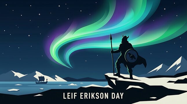 Viking explorer silhouette standing beneath the northern lights, minimal Leif Erikson Day text, clean flat vector artwork