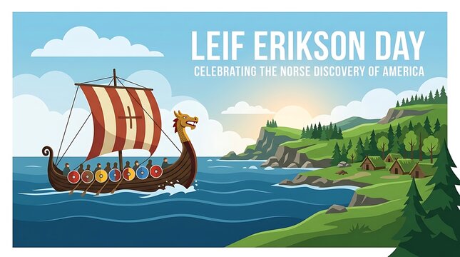 Viking longship approaching a green coastal landscape, minimal Leif Erikson Day text, clean flat vector banner, discovery theme