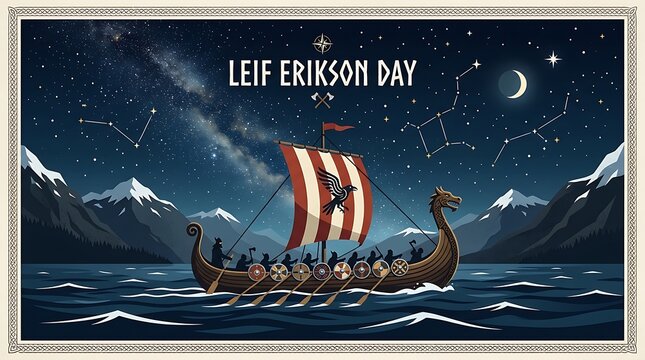 Viking Longship Beneath Star-Filled Night Sky with Leif Erikson Day Text, Norse Exploration and Adventure Flat Vector Illustration
