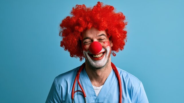 Man dressed as clown with red curly wig and red nose smiling boldly wearing medical scrubs and stethoscope on blue background