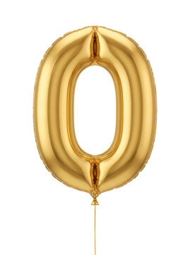 Gold foil balloon number zero on transparent background isolated