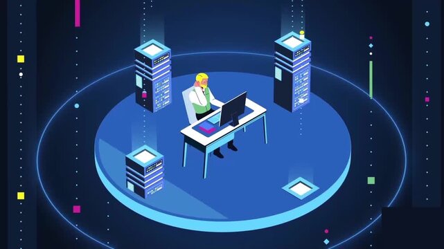 Isometric animation video clip showing server towers emerging around an IT professional working at computer desk