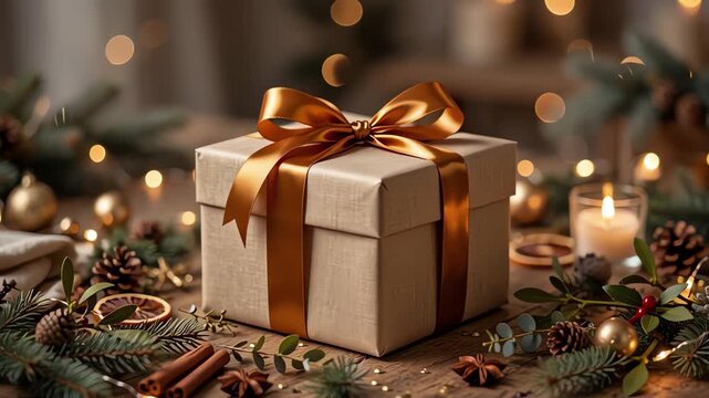 Slow push-in on a beautifully wrapped gift box with a shiny ribbon, surrounded by festive decorations and soft ambient lighting, creating a warm holiday atmosphere
