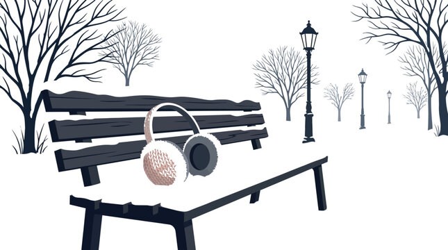 Winter park bench with earmuffs in snow, quiet cold winter park landscape vector illustration, snowy park path with street lights