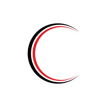 A minimalist graphic design featuring a stylized letter C or crescent shape with parallel red and black curved lines on a clean white background.
