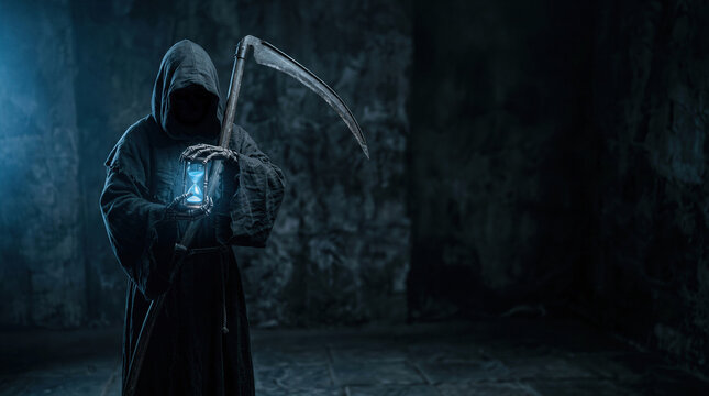 Grim reaper skeleton figure holding glowing hourglass in dark atmospheric crypt setting.