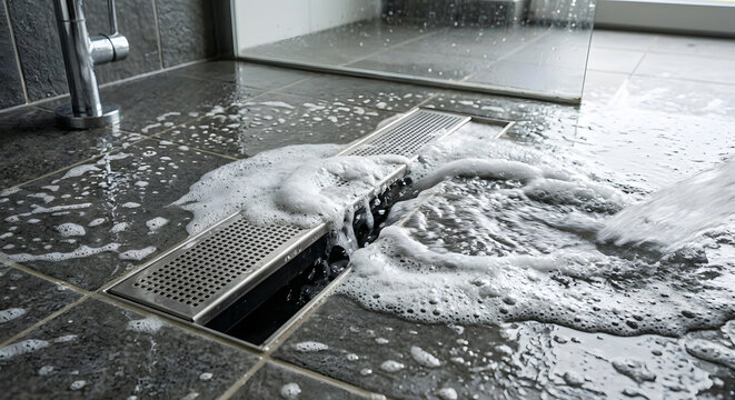 Close up of soapy water pouring into stainless steel shower drain on tiled bathroom floor