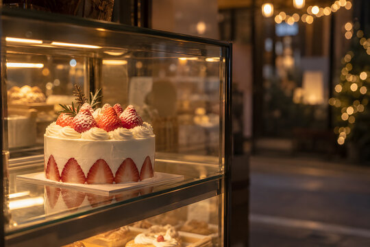 Strawberry Christmas cake glowing in a bakery's glass display case