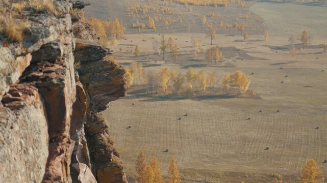 Handheld static shot of a red Devonian sandstone cliff on the left, overlooking a vast autumn field with hay bales and yellow forest in Khakassia. 