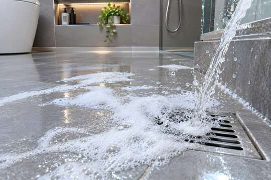 Water flowing into bathroom floor drain with soap foam during cleaning