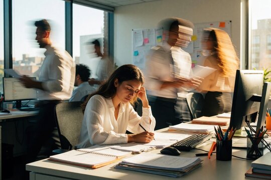 Exhausted businesswoman sits at desk with eyes closed in busy office. Overwhelmed female employee suffers burnout, stress from heavy workload. Blurred colleagues move fast in background. Tired woman