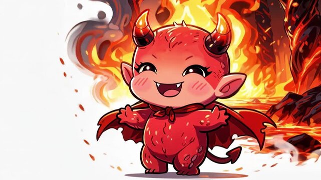 A cute chibi cartoon illustration of a smiling devil, flaming hell in the background - Halloween design