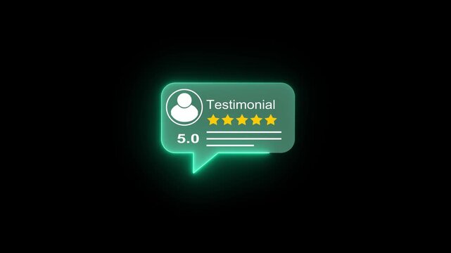 5-star customer testimonial with glowing neon speech bubble and text overlay on black background.