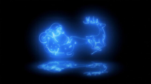 Glowing blue neon Santa Claus with sleigh and reindeer riding on dark reflected surface (AI Generated)