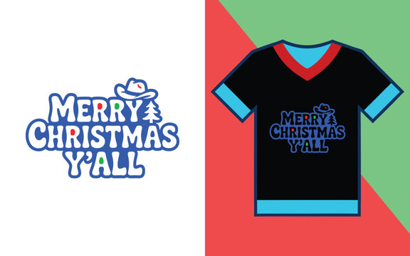 Merry christmas yall holiday typography with cowboy hat and pine tree for festive apparel prints